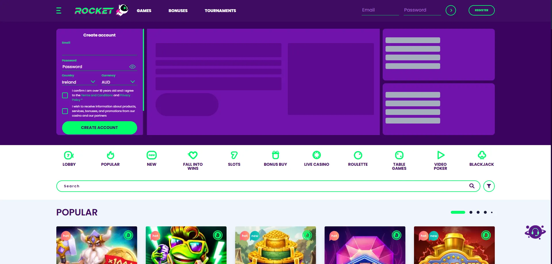 Casino Rocket lobby navigation — find games fast with filters and search