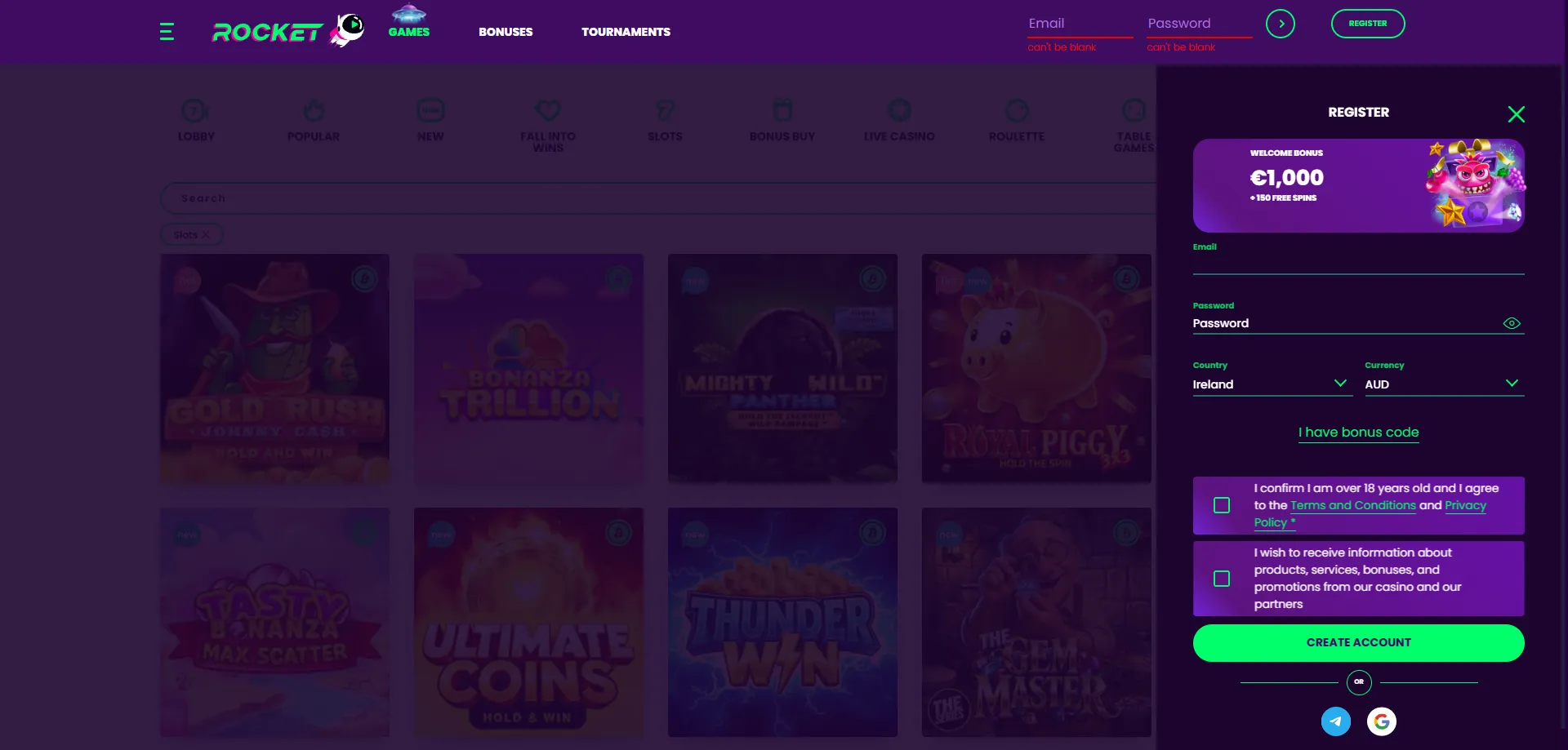 Casino Rocket sign-up registration page for Australian players