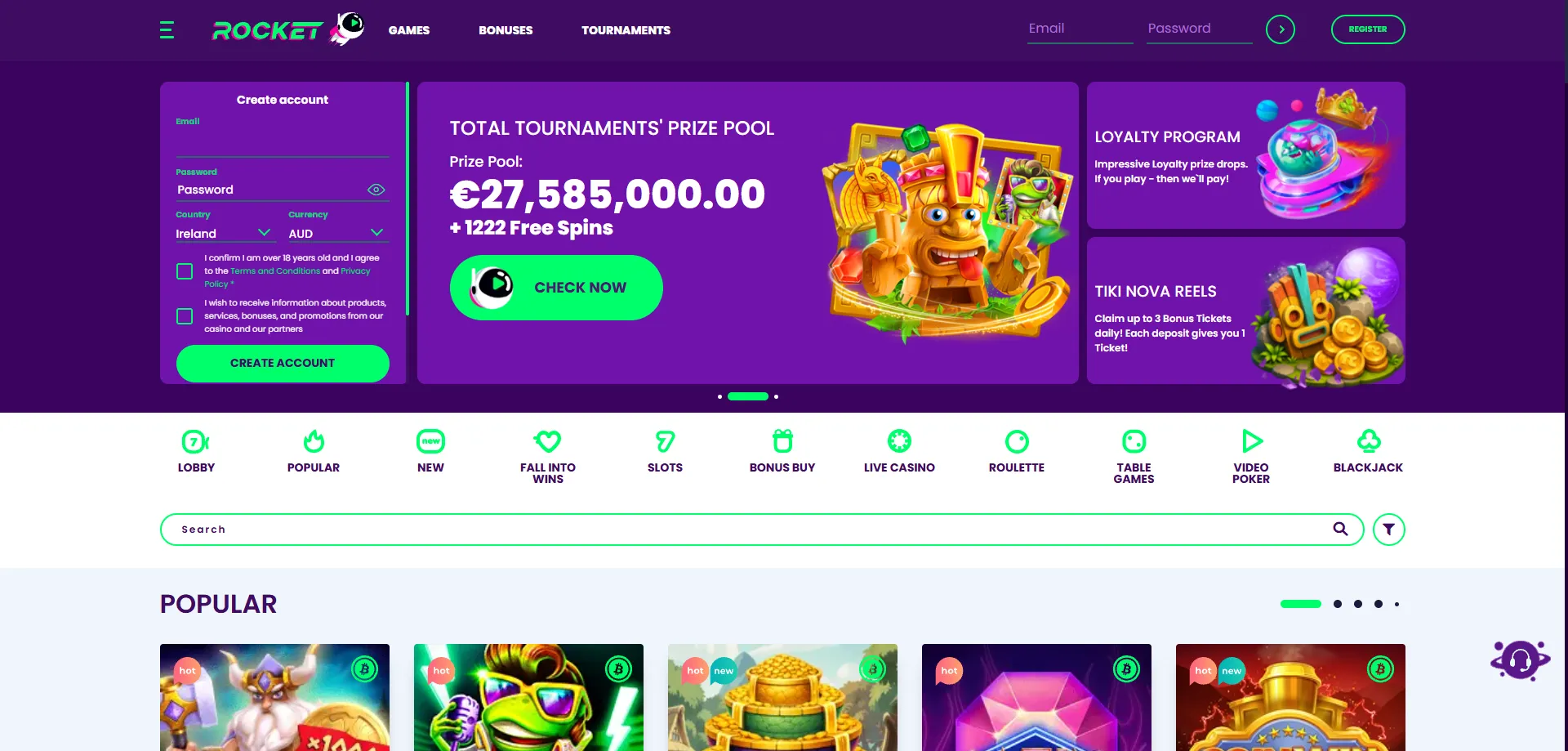Casino Rocket online casino homepage – space-themed gaming platform Australia